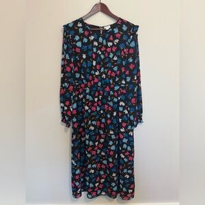 J Crew Women’s Black Floral Dress Long Sleeve Size 14 Pink Blue Spring Modest